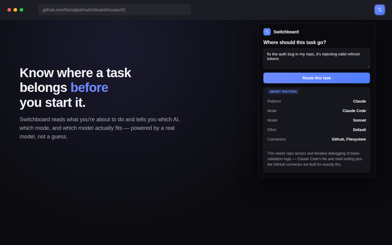 Switchboard popup showing a smart-routed recommendation for a coding task
