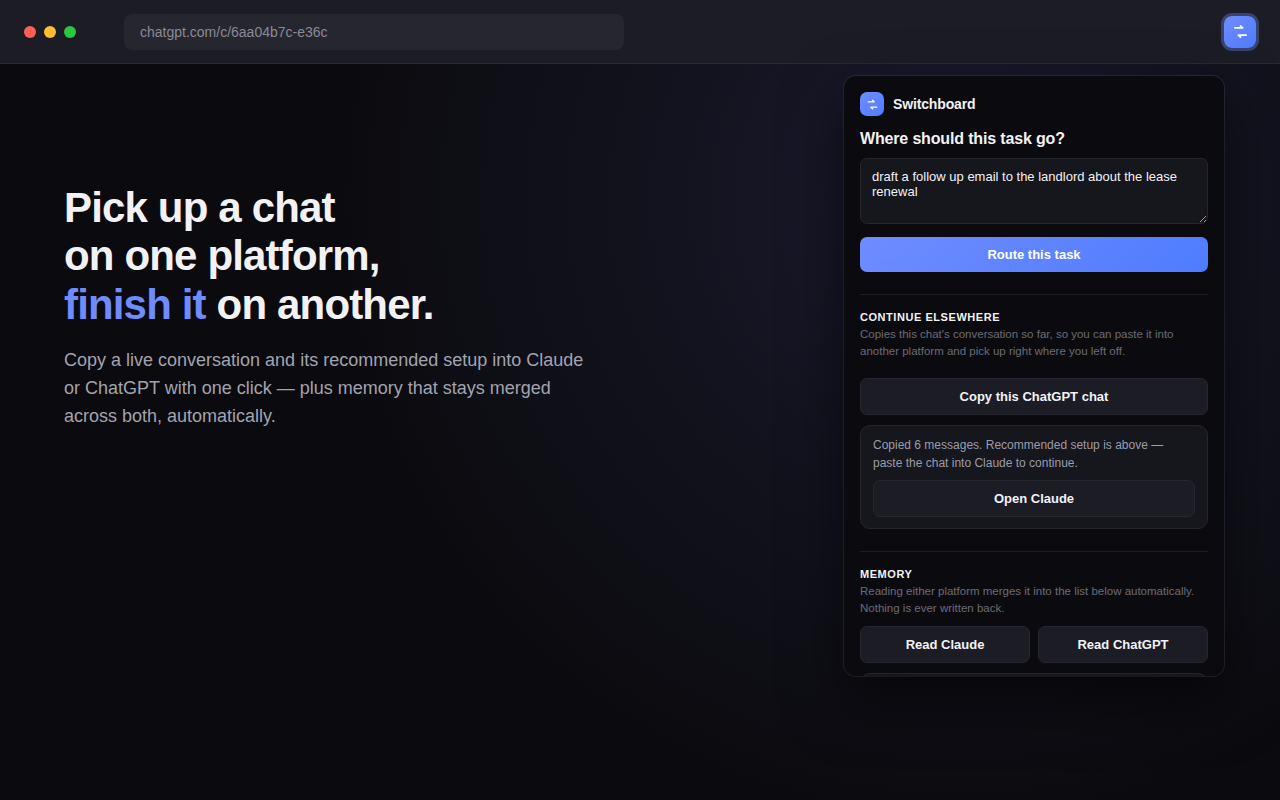 Switchboard popup showing a completed handoff with an Open button and the merged memory section